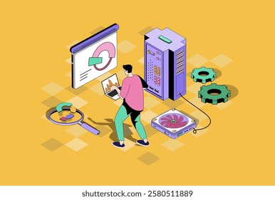 Seo optimization web concept in 3d isometric graphic design. Isometry people scene with man making data analysis, selecting keywords and optimizes site rating and traffic growth. Vector illustration.