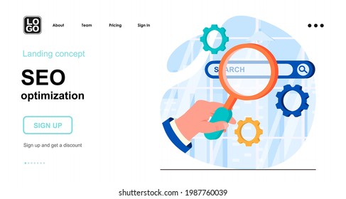Seo optimization web concept. Analysis ranking search engines, settings at browser, target traffic. Template of people scene. Vector illustration with character activities in flat design for website
