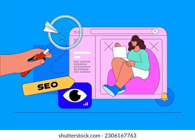 Seo optimization web concept with character scene. Woman making data and keywords research for search engine settings. People situation in flat design. Vector illustration for marketing material.