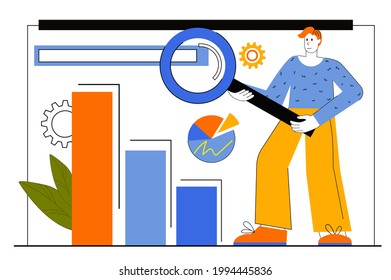 Seo optimization web concept. Man sets up work of search engines. Strategy of website online promotion, targeted traffic increase. Vector illustration for web page template in flat line design