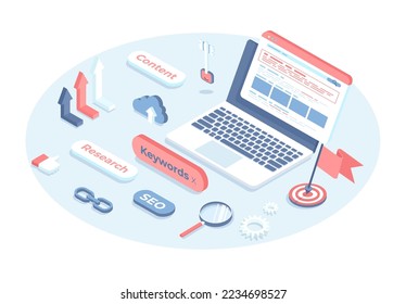 Seo optimization web concept. Search engine, keywords, website traffic, top ranking. Vector illustration in 3d design. Isometric web banner.	
