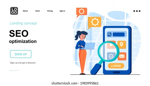 Seo optimization web concept. Woman making search settings, mobile strategy, targeted communication. Template of people scenes. Vector illustration with character activities in flat design for website