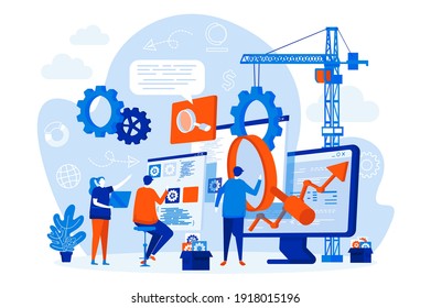 SEO optimization web design with people. SEO team analyzing data scene. Website optimization for relevant searches composition in flat style. Vector illustration for social media promotional materials