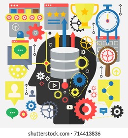 SEO Optimization, Web Development and Cloud Computing technology concept on the head silhouette background.