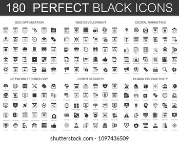 Seo optimization, web development, digital marketing, network technology, cyber security, human productivity black classic icon set.