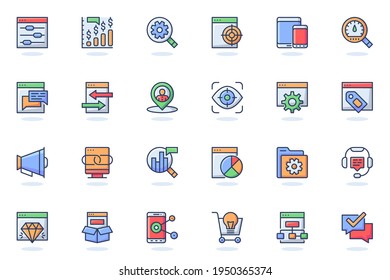 Seo optimization web flat line icon. Bundle outline pictogram of settings, targeting, monitoring, search, ranking, traffic, statistics concept. Vector illustration of icons pack for website design