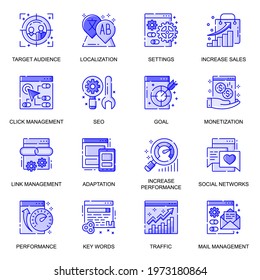SEO optimization web flat line icons set. Pack outline pictogram of click management, traffic, keywords, data analytic, monitoring concept. Vector illustration of symbols for website mobile app design