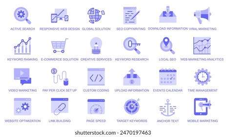 SEO optimization web icons set in duotone flat design. Pack pictograms with active search, global solution, copywriting, download information, viral marketing, keyword ranking. Vector illustration.