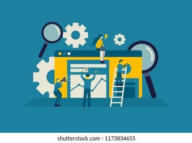 seo optimization web illustration, web design, web construction, search engine optimize in flat style