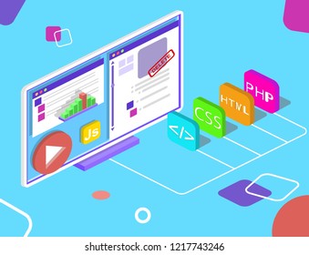 Seo optimization web images moderated. Flat isometric infographics or banner. Illustration isolated with programmers languages and pages of website. 