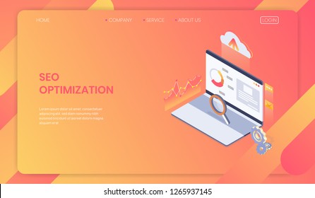 Seo optimization web page template concept, Isometric web analytic. vector illustration