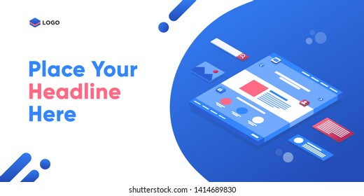 Seo optimization web page template. Isometric Web interface. Colorful website illustration. Modern Landing page concept. Page design for site and mobile development. 