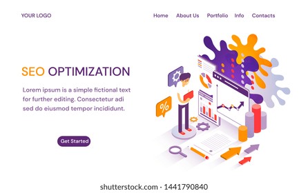 SEO Optimization webpage or website template with header tabs, text copy space, Get Started and businessman with charts and performance analytics for Search Engine Optimazation and ranking