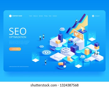 Seo optimization for website and mobile website. Landing page template. Easy to edit and customize. Can use for web banner, infographics, hero images. Flat isometric vector illustration 