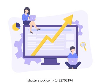 Seo optimization for website and mobile website. Landing page template. Search engine analytics. Flat vector banner concept.