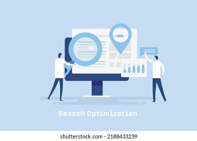SEO optimization for website search engine ranking, Businessman using SEO strategy for increasing search result - flat design vector illustration with characters and icons