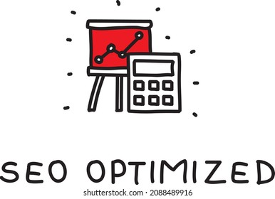 Optimización de Seo. Calculadora y mostrador de presentación con el gráfico. Ilustración vectorial dibujada a mano.