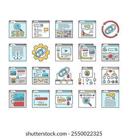 seo otimizar ícones da comunidade definir vetor. auditoria técnica, classificação de mercado, pesquisar melhorar, painel de marketing, relatório seo otimizar comunidade linha de cores ilustrações