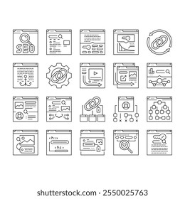 seo otimizar ícones da comunidade definir vetor. auditoria técnica, classificação de mercado, pesquisar melhorar, painel de marketing, relatório seo otimizar comunidade ilustrações contorno preto