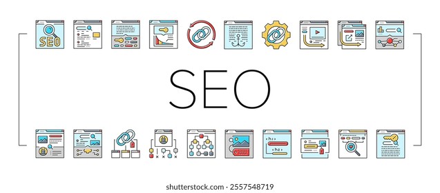 seo optimize community icons set vector. technical audit, market rank, search improve, marketing dashboard, report seo optimize community color line illustrations