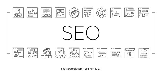 seo optimize community icons set vector. technical audit, market rank, search improve, marketing dashboard, report seo optimize community black contour illustrations