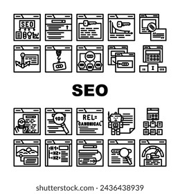 seo optimize search rank icons set vector. report marketing, optimization internet, dashboard digital, market, analysis, engine seo optimize search rank black contour illustrations