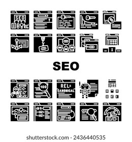 seo optimize search rank icons set vector. report marketing, optimization internet, dashboard digital, market, analysis, engine seo optimize search rank glyph pictogram Illustrations