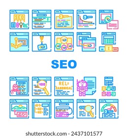 seo optimize search rank icons set vector. report marketing, optimization internet, dashboard digital, market, analysis, engine seo optimize search rank color line illustrations