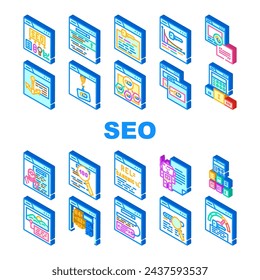 seo optimize search rank icons set vector. report marketing, optimization internet, dashboard digital, market, analysis, engine seo optimize search rank isometric sign illustrations