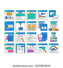 seo optimize search rank icons set vector. report marketing, optimization internet, dashboard digital, market, analysis, engine seo optimize search rank color Contour Illustrations