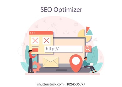 SEO optimizer concept. Idea of search engine optimization for website as marketing strategy. Web page promotion in the internet. Vector illustration in cartoon style