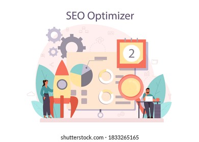 Concepto de optimizador SEO. Idea de optimización de motores de búsqueda para sitios web como estrategia de marketing. Promoción de páginas Web en Internet. Ilustración vectorial en estilo de caricatura