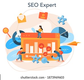 SEO-Optimierungskonzept. Idee der Suchmaschinenoptimierung für Website als Marketingstrategie. Webseitenwerbung im Internet. Vektorgrafik im Cartographie-Stil