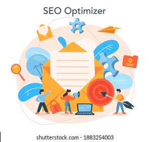 SEO optimizer concept. Idea of search engine optimization for website as marketing strategy. Web page promotion in the internet. Vector illustration in cartoon style