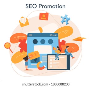 SEO optimizer concept. Idea of search engine optimization for website as marketing strategy. Web page promotion in the internet. Vector illustration in cartoon style