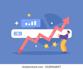 concepto de optimizador de SEO. búsqueda popular. investigación sobre tendencias en Internet, Palabras claves y optimización de SEO. ilustración de un hombre con una barra de búsqueda y una flecha que se mueve hacia arriba. estilo plano