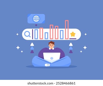 concepto de optimizador de SEO. búsqueda popular. investigación sobre tendencias en Internet, Palabras claves y optimización de SEO. ilustración de un hombre usando una computadora portátil con una barra de búsqueda. diseño de estilo plano