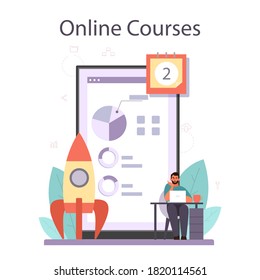 SEO optimizer online service or platform. Idea of search engine optimization for website. Marketing strategy, promotion. Online course. Vector illustration