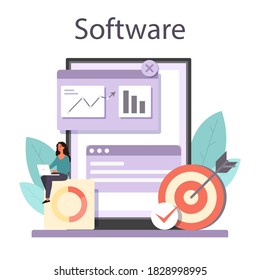 SEO optimizer online service or platform. Idea of search engine optimization for website. Marketing strategy, promotion. Software. Vector illustration