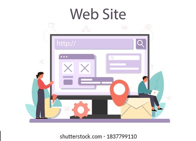 SEO optimizer online service or platform. Idea of search engine optimization for website. Marketing strategy, promotion. Website. Vector illustration