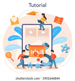 SEO optimizer online service or platform. Idea of search engine optimization for website as marketing strategy. Online tutorial. Vector illustration in cartoon style