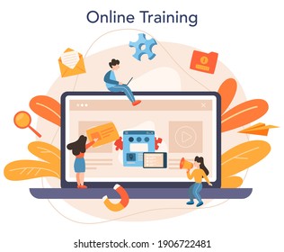 Servicio o plataforma en línea del optimizador SEO. Idea de optimización de motores de búsqueda para sitios web como estrategia de marketing. Formación en línea. Ilustración vectorial en estilo de caricatura