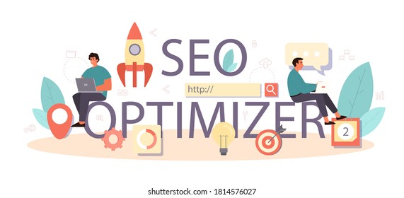 SEO optimizer typographic header. Idea of search engine optimization for website as marketing strategy. Web page promotion in the internet. Vector illustration in cartoon style