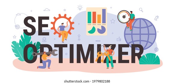 SEO optimizer typographic header. Idea of search engine optimization for website as marketing strategy. Web page promotion in the internet, site audit. Vector illustration in cartoon style