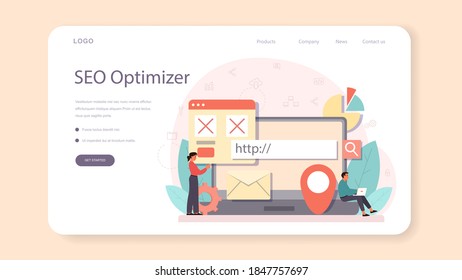 SEO optimizer web banner or landing page. Idea of search engine optimization for website as marketing strategy. Web page promotion in the internet. Vector illustration in cartoon style
