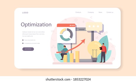 SEO optimizer web banner or landing page. Idea of search engine optimization for website as marketing strategy. Web page promotion in the internet. Vector illustration in cartoon style