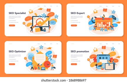 SEO optimizer web banner or landing page set. Idea of search engine optimization for website as marketing strategy. Web page promotion in the internet. Vector illustration in cartoon style