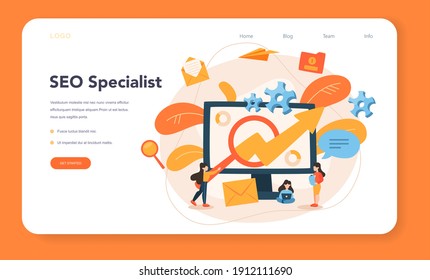 SEO optimizer web banner or landing page. Idea of search engine optimization for website as marketing strategy. Web page promotion in the internet. Vector illustration in cartoon style