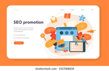 Banner web o página de inicio del optimizador SEO. Idea de optimización de motores de búsqueda para sitios web como estrategia de marketing. Promoción de páginas Web en Internet. Ilustración vectorial en estilo de caricatura