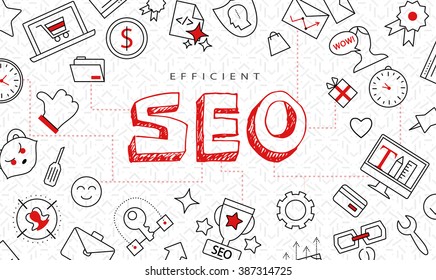 SEO original doodle creative background, idea concept vector illustration. Efficient search engine optimization, high tech pattern, flat thin line icons
